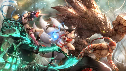 HD desktop wallpaper featuring iconic League of Legends champions: Lee Sin, Malphite, Ahri, Jinx, and Thresh in an epic battle scene, showcasing dynamic action and vivid game art elements.