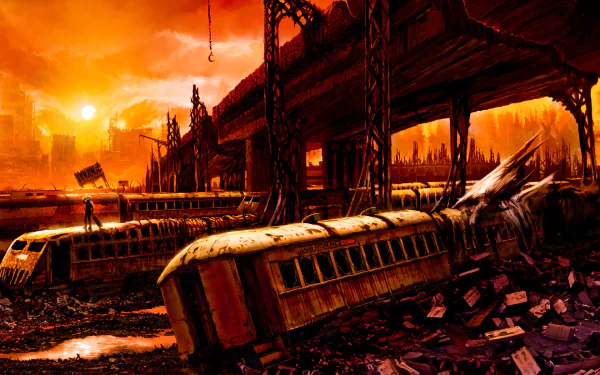 Post-apocalyptic cityscape with ruined trains and a broken bridge bathed in orange light, styled in a comic art aesthetic from Romantically Apocalyptic.