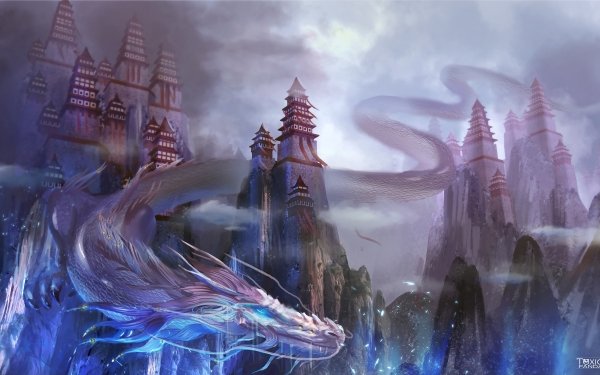 Fantasy Dragon Mountain Asian Castle Chinese Dragon HD Wallpaper | Background Image