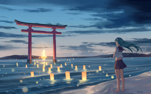 A serene HD desktop wallpaper featuring Sanae Kochiya from the Touhou series, standing near a torii gate by the water, illuminated by floating lanterns at dusk.
