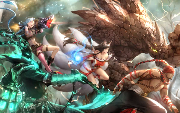 HD desktop wallpaper featuring iconic League of Legends champions: Lee Sin, Malphite, Ahri, Jinx, and Thresh in an epic battle scene, showcasing dynamic action and vivid game art elements.