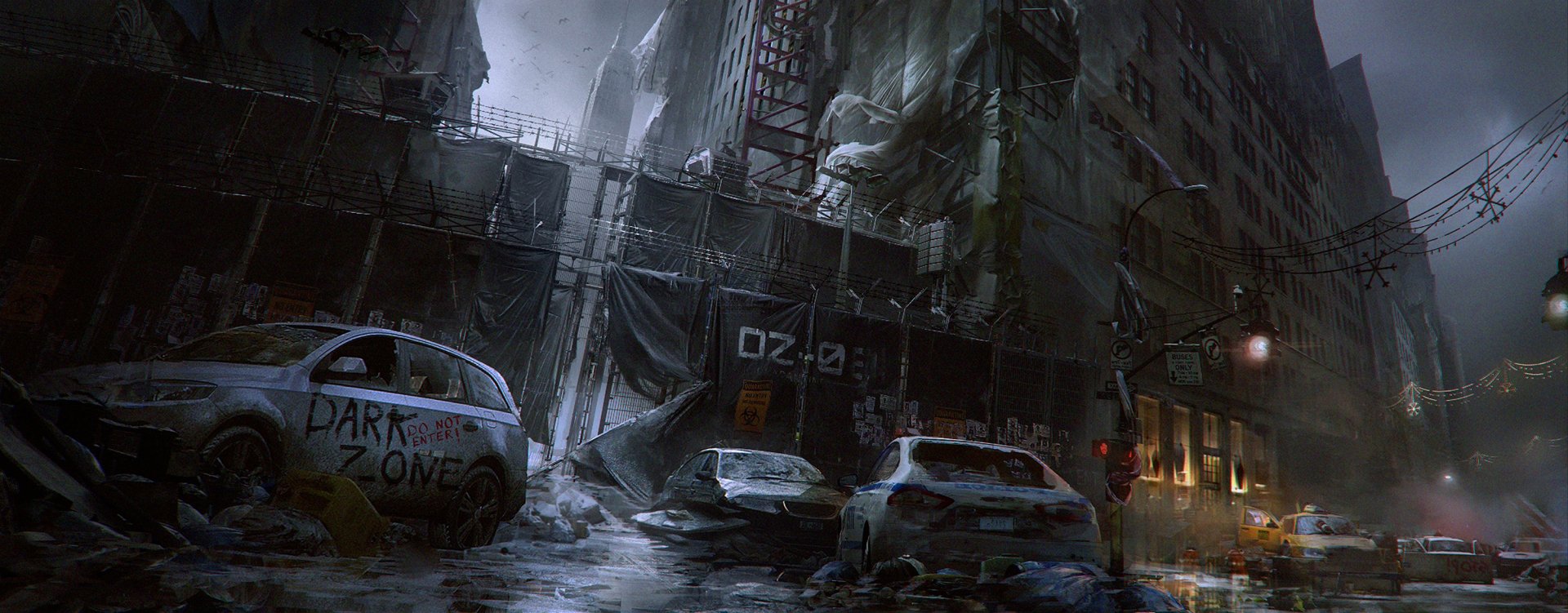 Concept art from Tom Clancy's The Division depicts a dark, apocalyptic urban scene with abandoned cars and crumbling buildings, captured in HD for a PC desktop wallpaper.