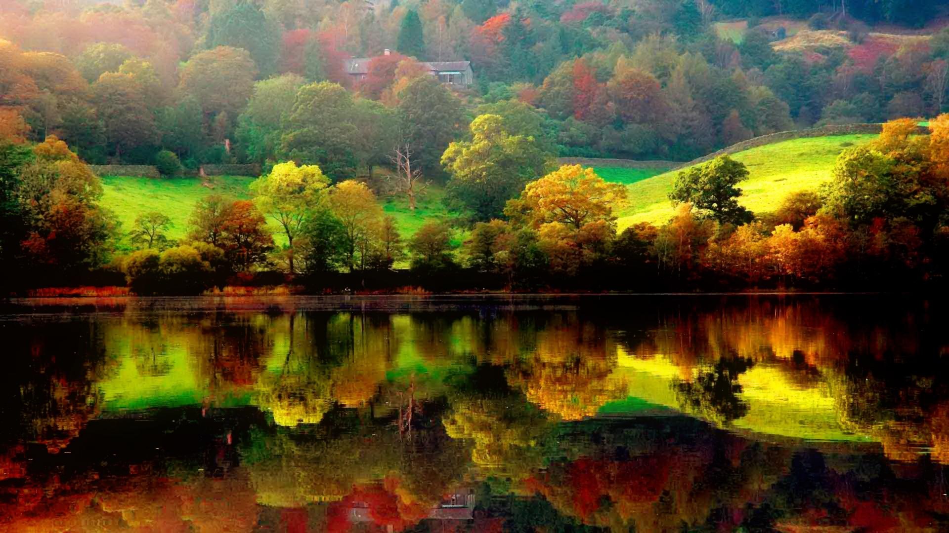 A serene landscape featuring a house nestled among colorful autumn trees, with mountains in the background and a tranquil lake reflecting the vibrant fall scenery.