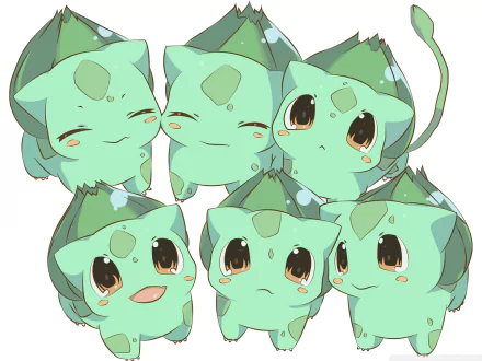HD desktop wallpaper featuring multiple cute and happy Bulbasaur illustrations from Pokémon. The adorable anime-styled Bulbasaurs are shown with various expressive faces, creating a charming background.