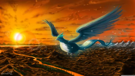 A stunning HD wallpaper featuring Articuno from Pokémon, soaring through a vibrant sunset sky, showcasing beautiful anime-inspired artwork and vivid colors.