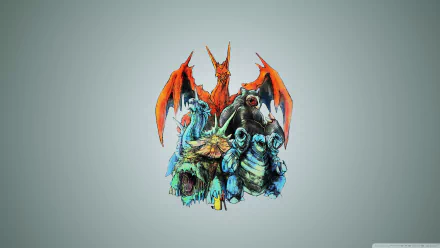 2K Quad HD PC wallpaper: anime-style Red with Pikachu, Charizard, Blastoise, Venusaur, Lapras and Snorlax clustered on a pale gray background.