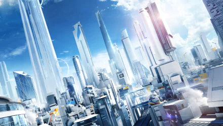 A stunning 4K Ultra HD wallpaper showcasing a futuristic cityscape from the video game Mirror's Edge Catalyst, featuring sleek skyscrapers against a bright blue sky.