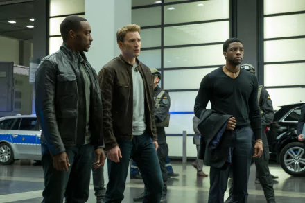 A dramatic scene from Captain America: Civil War featuring Chadwick Boseman's Black Panther, Chris Evans as Captain America, and Anthony Mackie's Falcon in a tense standoff.