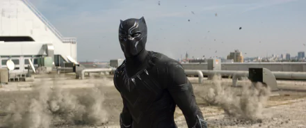 HD desktop wallpaper featuring Black Panther from Marvel Comics' Captain America: Civil War, set against a rooftop backdrop with a cityscape in the background.