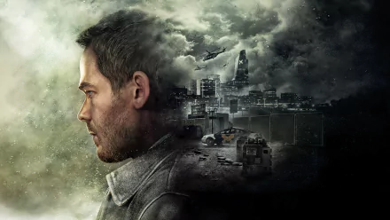 HD PC desktop wallpaper featuring Jack Joyce from the video game Quantum Break, with a dramatic cityscape and stormy sky blending into his profile.