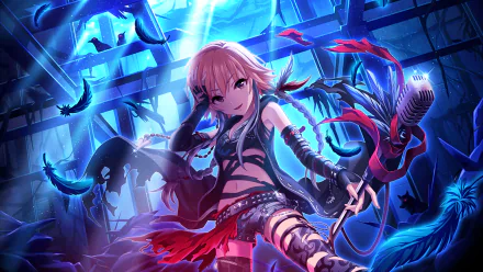 Vibrant HD wallpaper featuring a character from The iDOLM@STER Cinderella Girls, showcasing a dynamic pose amidst a mystical, blue-toned background with dramatic elements.