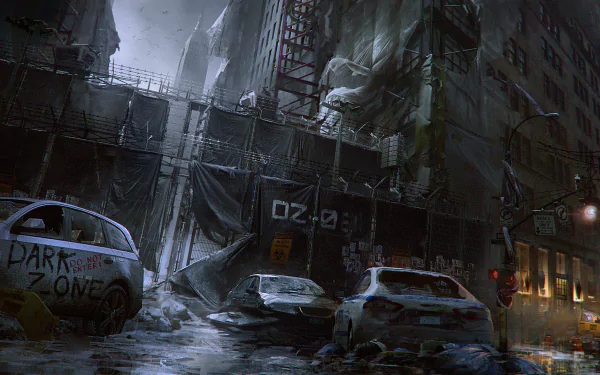 Concept art depicting a post-apocalyptic urban landscape, inspired by Tom Clancy's The Division, showcasing abandoned vehicles and a desolate setting. Perfect for a high-definition desktop wallpaper.