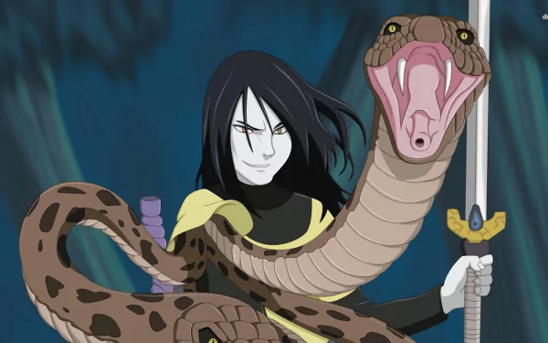 Orochimaru from Naruto stands confidently, holding a sword, while a large snake coiled around him. This striking image serves as an HD desktop wallpaper for anime fans.