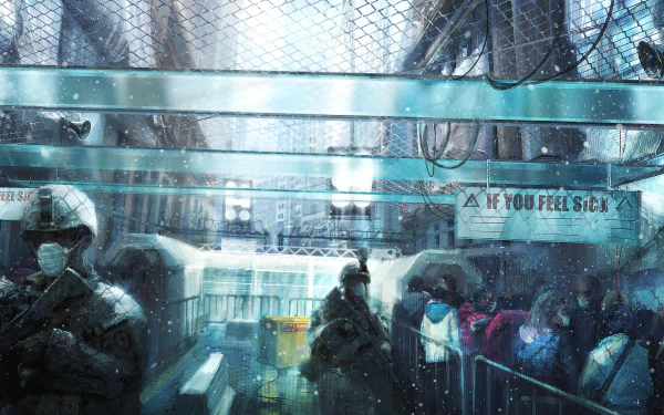 4K Ultra HD desktop wallpaper featuring a moody, rainy scene from Tom Clancy's The Division video game, depicting masked characters behind a wire fence.