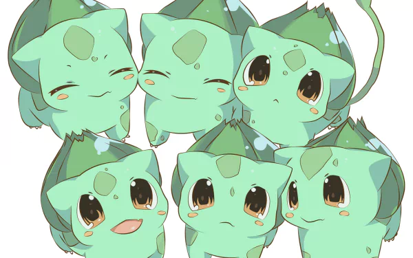 HD desktop wallpaper featuring multiple cute and happy Bulbasaur illustrations from Pokémon. The adorable anime-styled Bulbasaurs are shown with various expressive faces, creating a charming background.