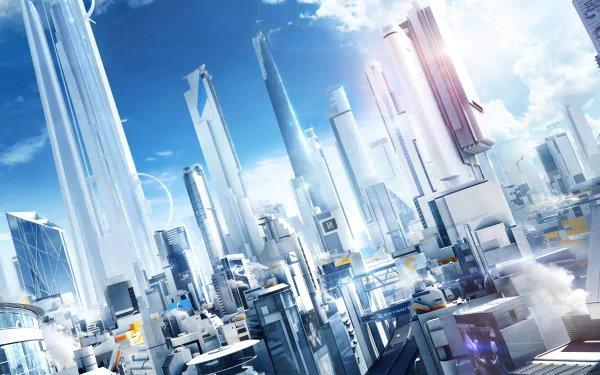 A stunning 4K Ultra HD wallpaper showcasing a futuristic cityscape from the video game Mirror's Edge Catalyst, featuring sleek skyscrapers against a bright blue sky.