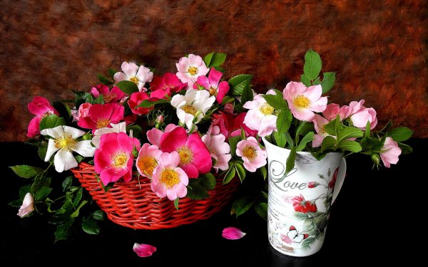 Photography Still Life Flower Basket Cup Love Pink Flower White Flower HD Wallpaper | Background Image
