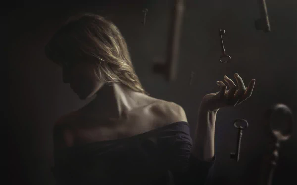 HD desktop wallpaper featuring a blonde woman surrounded by floating keys, captured with artistic photography and digital manipulation.