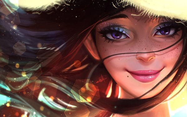 Fantasy Women Freckles Brunette Purple Eyes Smile Face HD Wallpaper | Background Image