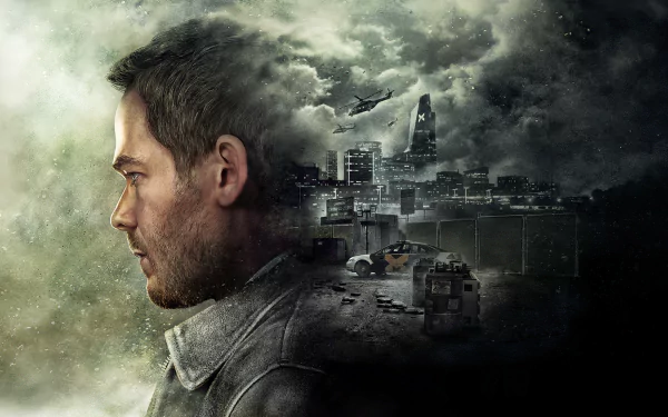 HD PC desktop wallpaper featuring Jack Joyce from the video game Quantum Break, with a dramatic cityscape and stormy sky blending into his profile.