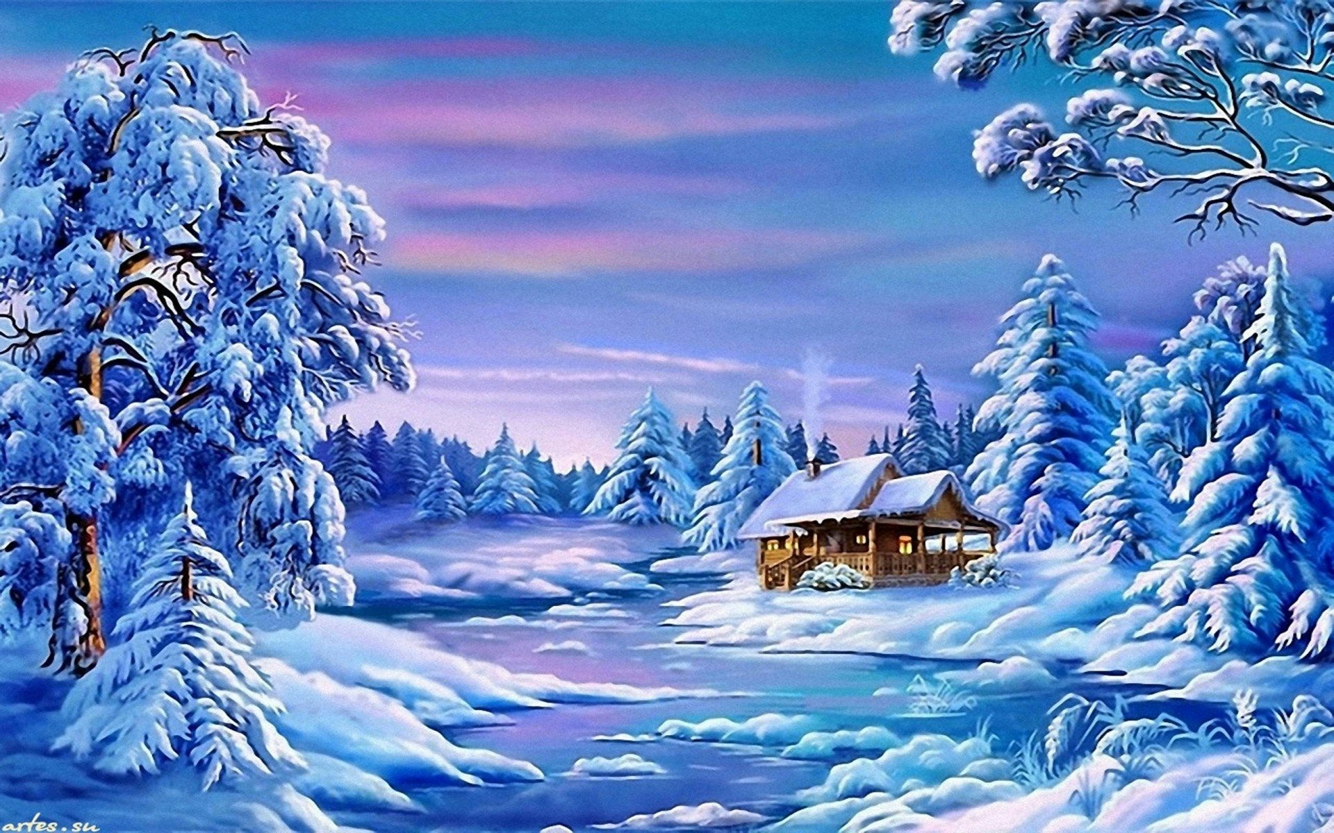 Download Tree Cabin Snow Landscape Artistic Winter HD Wallpaper