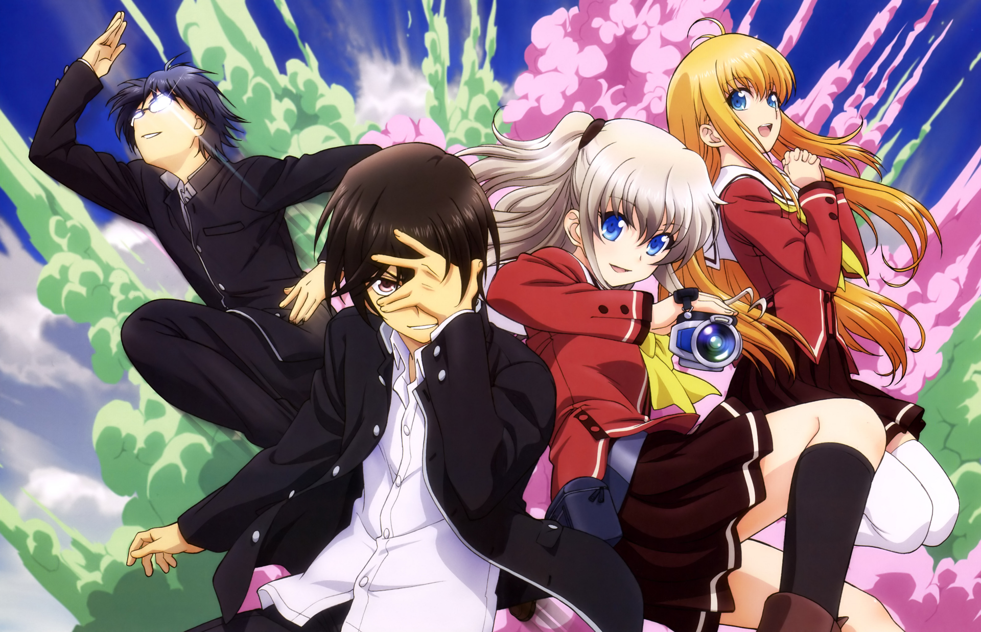 HD desktop wallpaper featuring characters from the anime Charlotte, showing a vibrant scene with four dressed in school uniforms against a colorful backdrop of pink blossoms and green foliage.