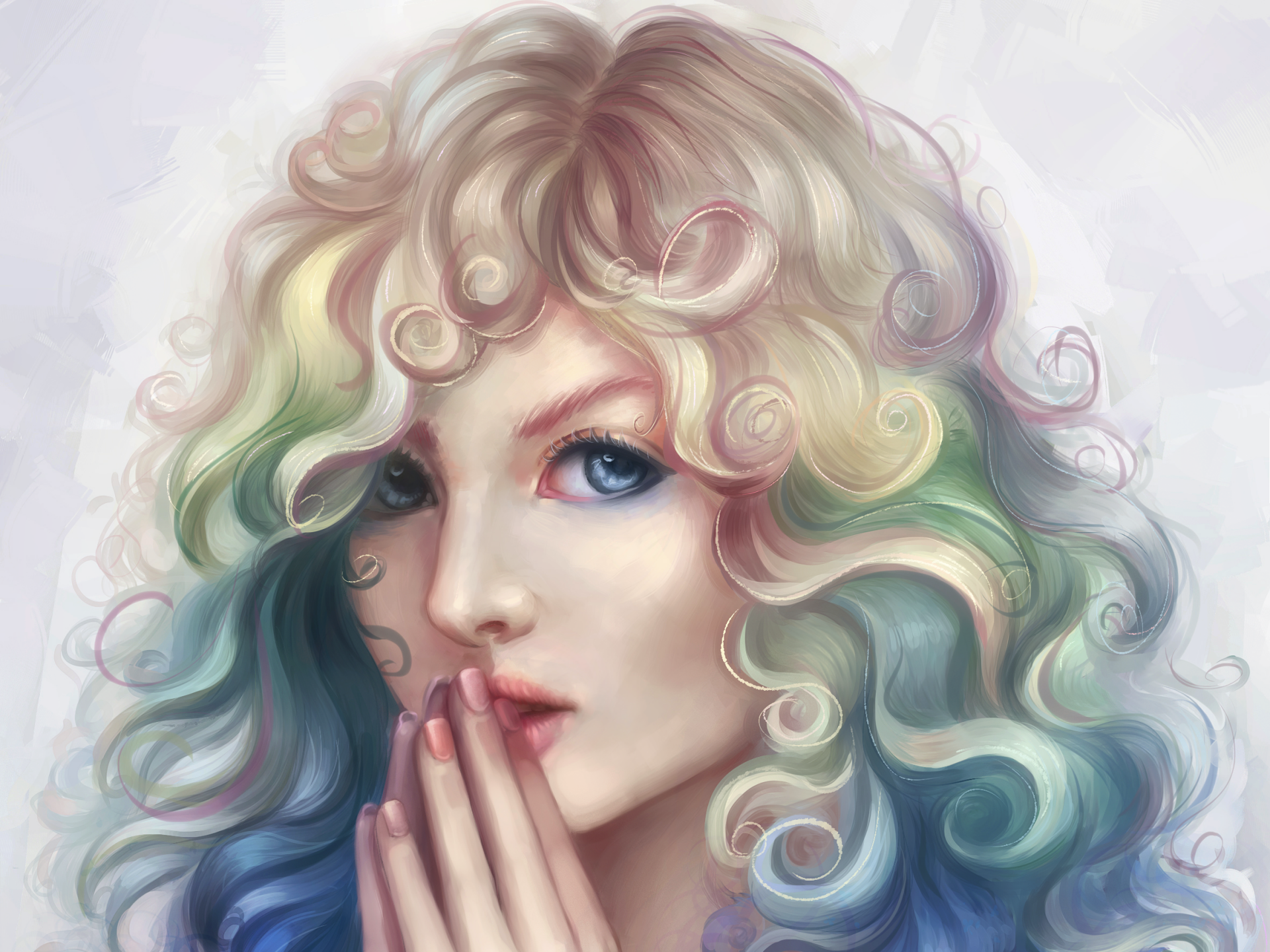 Artistic close-up painting of a person with vibrant curls and striking blue eyes, rendered in high definition for a PC desktop wallpaper and background.