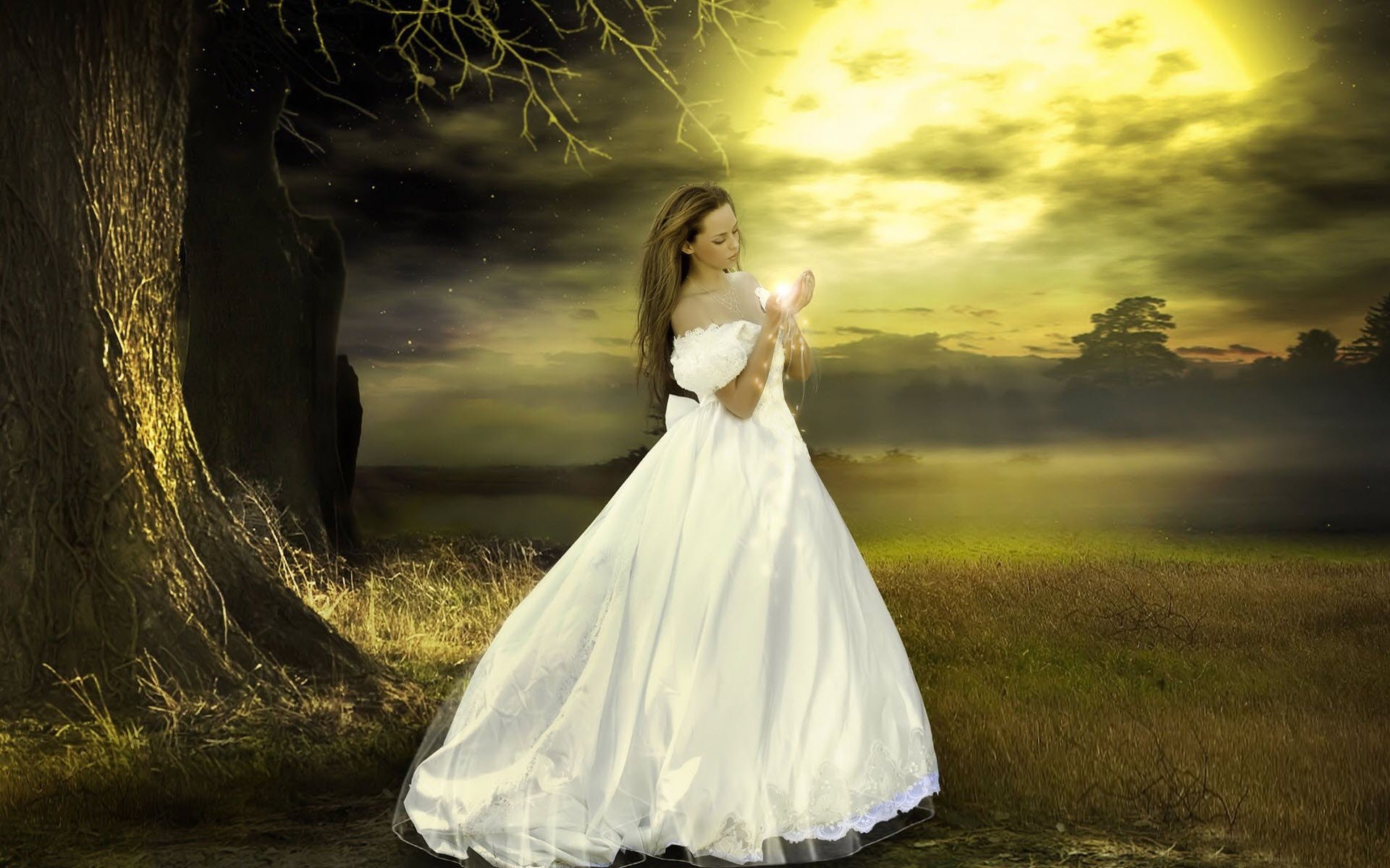 Download Light Magic White Dress Woman Light Spell HD Wallpaper
