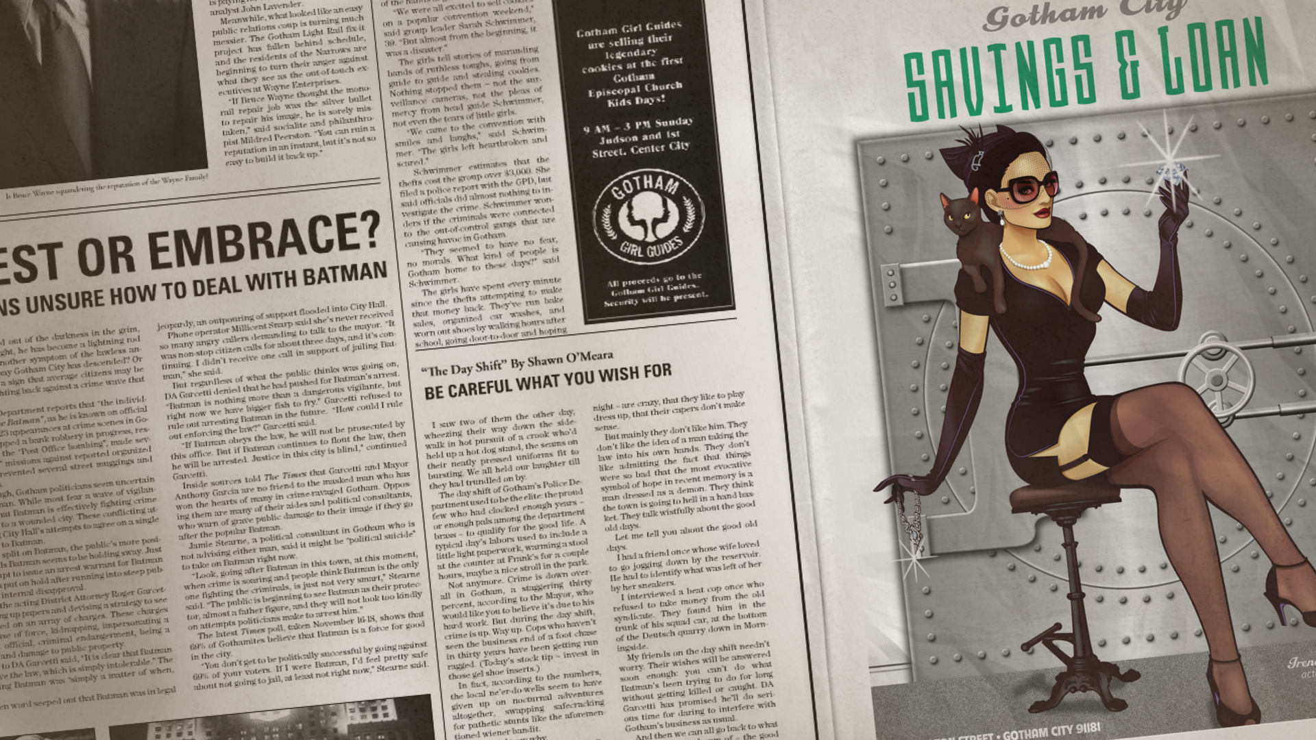 HD PC desktop wallpaper featuring Catwoman from the DC Bombshells comic series, styled as a vintage Gotham City Savings & Loan advertisement.