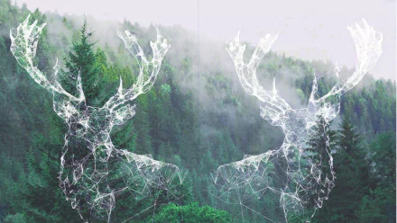 HD PC desktop wallpaper featuring a digital art depiction of two transparent deer antlers over a misty forest background.