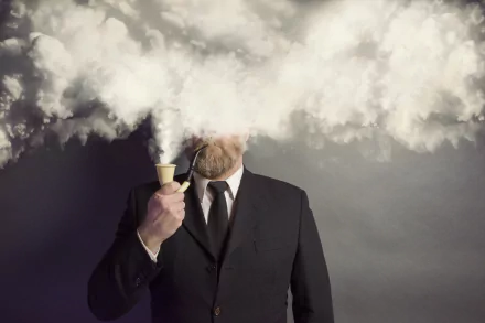 HD desktop wallpaper featuring a man in a suit with smoke enveloping his head, blending photography and digital manipulation for a surreal effect.