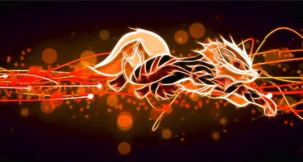 HD wallpaper featuring an artistic rendering of the Pokémon Arcanine with a fiery orange glow set against a dark background with light particles.