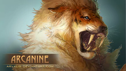 HD wallpaper of Arcanine, a majestic Pokémon resembling a ferocious, roaring lion with rich, golden fur.
