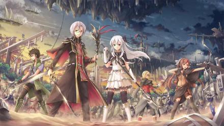 Anime-style original HD desktop wallpaper featuring five characters in dynamic poses against a dramatic, stormy sky and rugged landscape background.