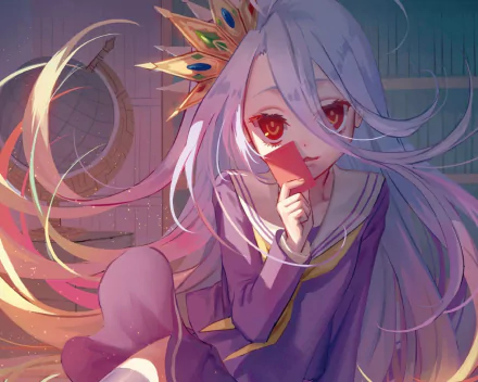 An anime-inspired HD desktop wallpaper featuring Shiro from No Game No Life, with long purple hair, red eyes, a school uniform, and a crown, set against a globe backdrop.