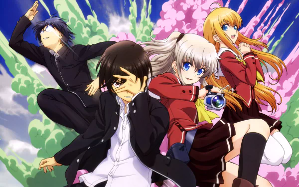 HD desktop wallpaper featuring characters from the anime Charlotte, showing a vibrant scene with four dressed in school uniforms against a colorful backdrop of pink blossoms and green foliage.