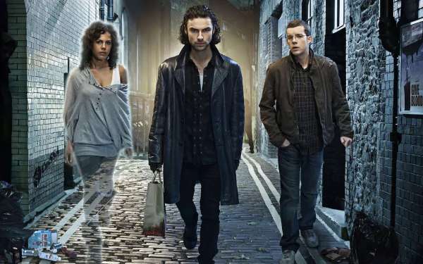 HD desktop wallpaper featuring Annie Sawyer, George Sands, and John Mitchell from the TV show Being Human, walking down a narrow, dimly lit alley.