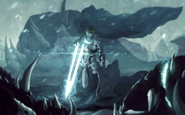 HD desktop wallpaper featuring Jaune Arc from the anime RWBY, standing in a snowy, icy landscape with a glowing sword. Dark, dramatic tones dominate the background.