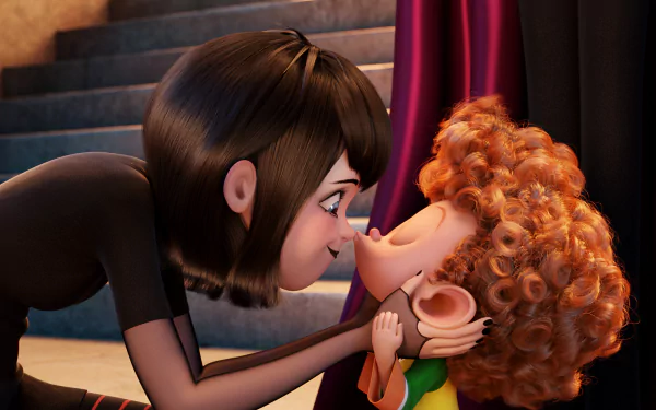 Mavis and Dennis share a sweet moment in this 4K Ultra HD wallpaper from Hotel Transylvania 2, capturing the warmth of their mother-son bond in a vibrant animated setting.