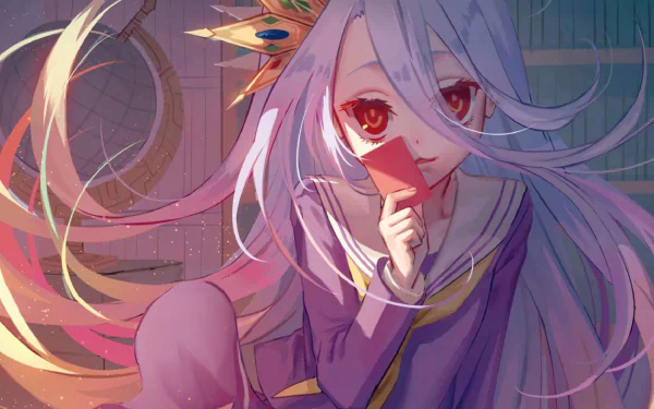 An anime-inspired HD desktop wallpaper featuring Shiro from No Game No Life, with long purple hair, red eyes, a school uniform, and a crown, set against a globe backdrop.