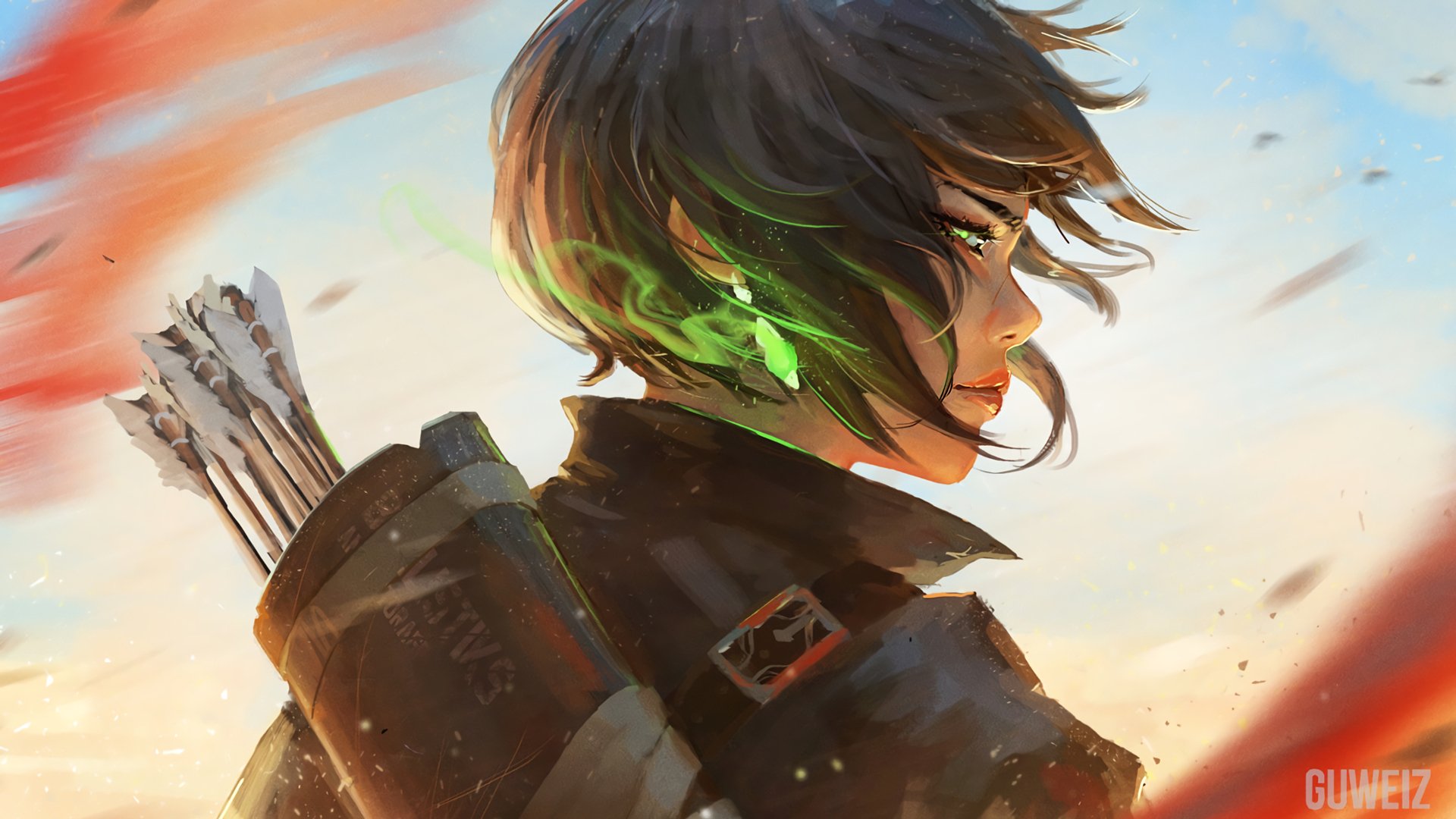 A fierce woman warrior with short hair and a determined gaze stands against a vibrant backdrop. She carries a quiver of arrows, embodying strength and fantasy. HD desktop wallpaper.