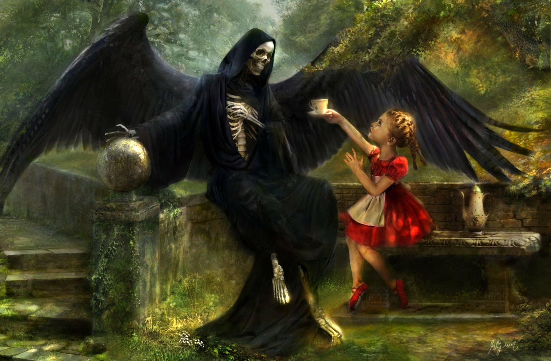 A little girl in a red dress interacts with the Grim Reaper, a skeletal figure in dark robes, in a fantasy scene set in a lush, mystical environment.