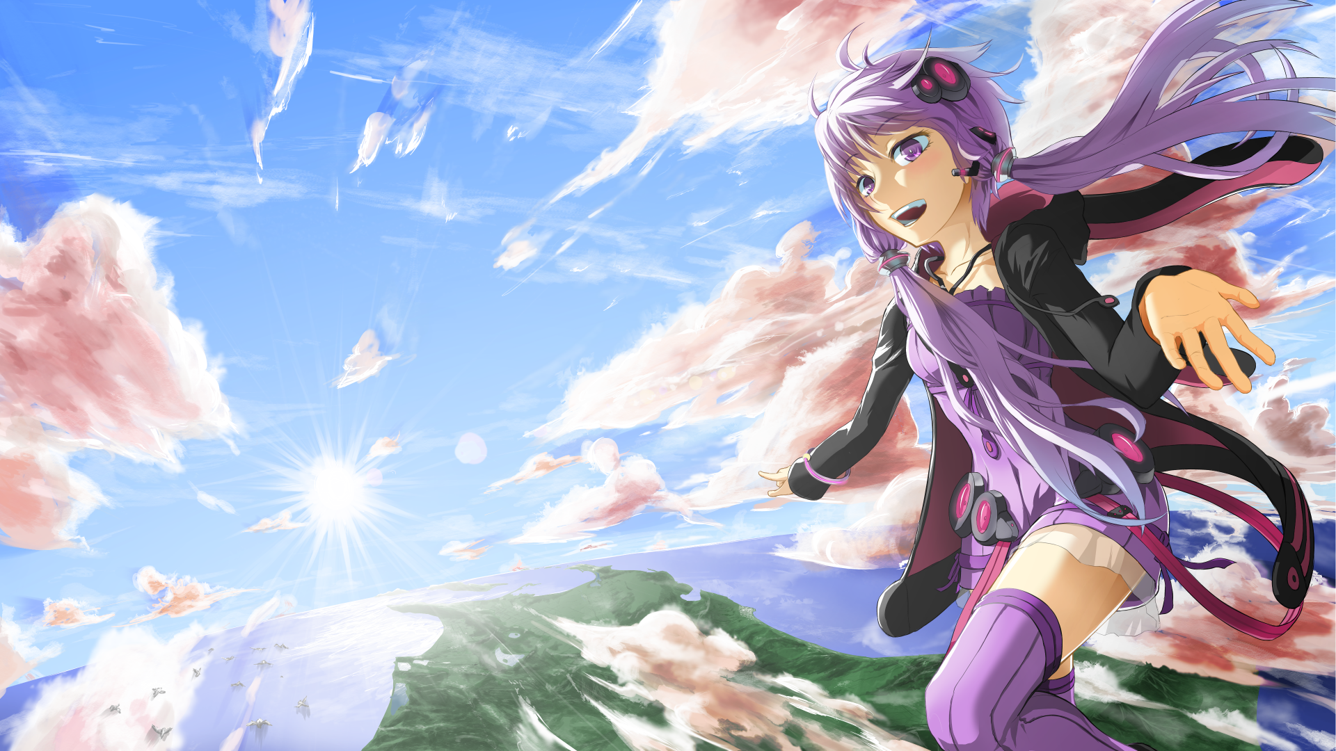 Yuzuki Yukari (Anime Vocaloid) HD PC desktop wallpaper/background: purple-haired Vocaloid girl in flowing outfit soaring over sunlit clouds and a green landscape.