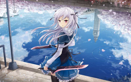 HD desktop wallpaper featuring Julie Sigtuna from the anime Absolute Duo, standing by a reflective pool with cherry blossoms floating, holding dual swords, with a serene sky and tower reflection in the background.