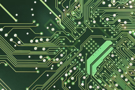 A detailed close-up of a green circuit board, featuring intricate technology patterns and illuminated connections, designed as a vibrant 4K Ultra HD PC desktop wallpaper.