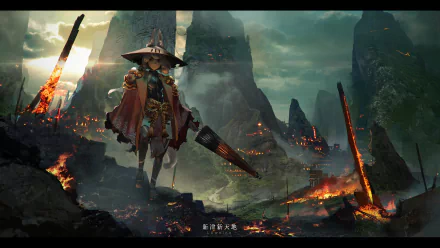 Anime Pixiv Fantasia T HD PC desktop wallpaper: lone cloaked witch-warrior in a wide-brimmed hat wields an umbrella-like weapon amid smoldering volcanic ruins and embers under a stormy sky.