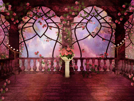 A gothic fantasy scene featuring ornate columns, a candlelit arch, and a bouquet of pink roses, set against a dreamy background of blossoming flowers and vibrant colors.