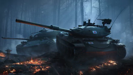 HD PC desktop wallpaper featuring the Type 61 tank from the video game World of Tanks set in a misty, forested battlefield with glowing embers.