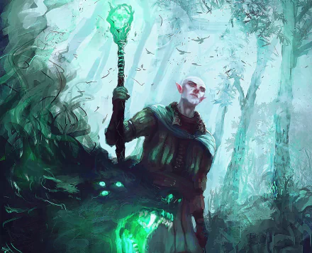 HD PC desktop wallpaper featuring Solas from the video game Dragon Age: Inquisition, set in a mystical forest with glowing green magical elements.