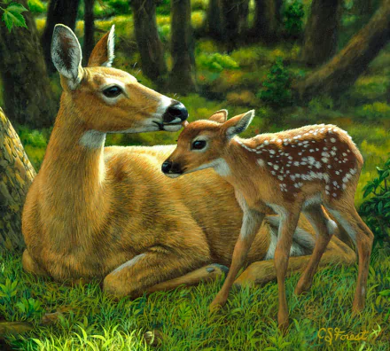 A detailed painting of a deer and its fawn resting in a lush forest, depicted as an HD PC desktop wallpaper and background.
